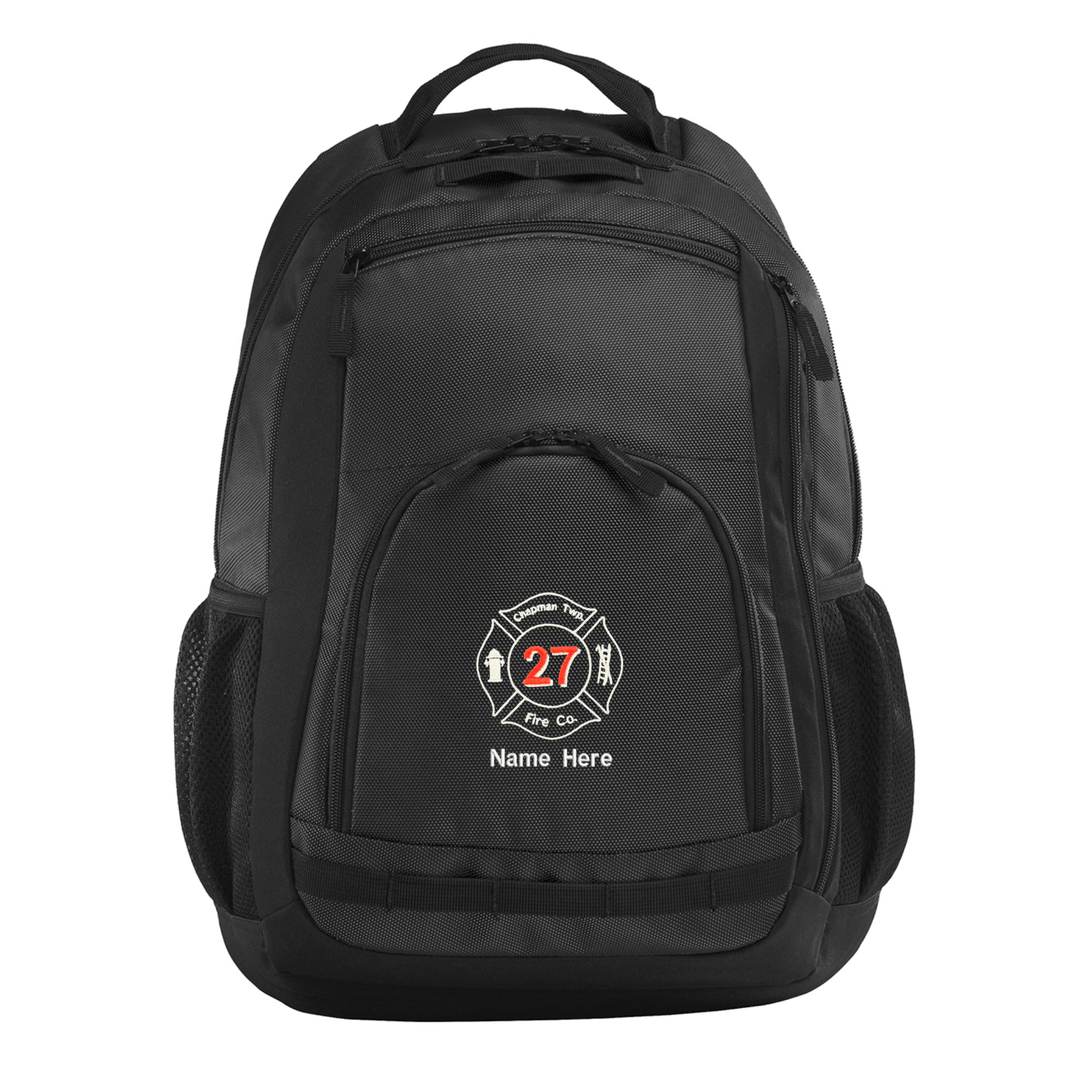 Black Port Authority backpack with fire department emblem and "Name Here" text embroidered on front pocket