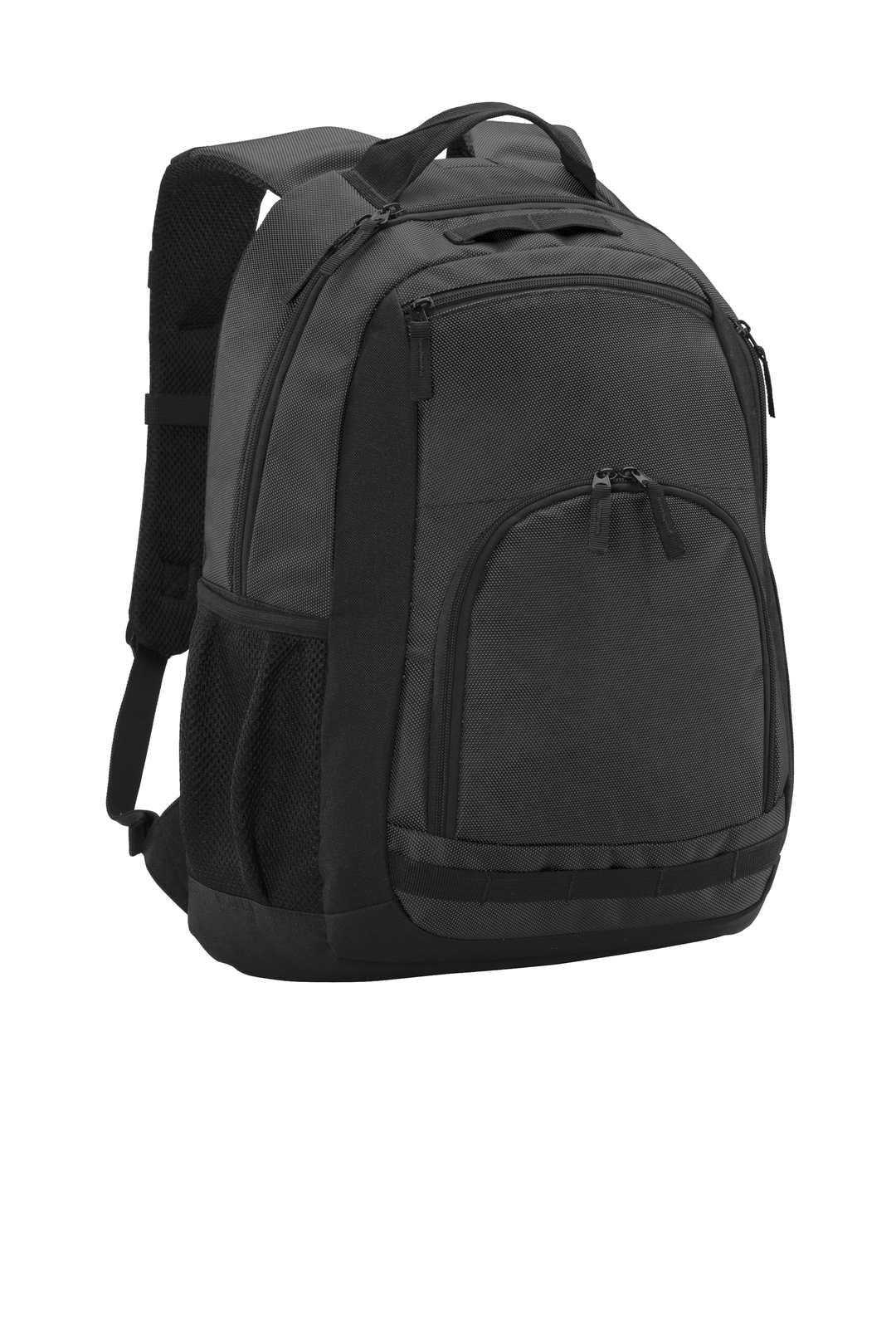 Black Port Authority backpack with multiple zippered compartments, padded straps, and mesh side pockets for organization and carrying capacity.