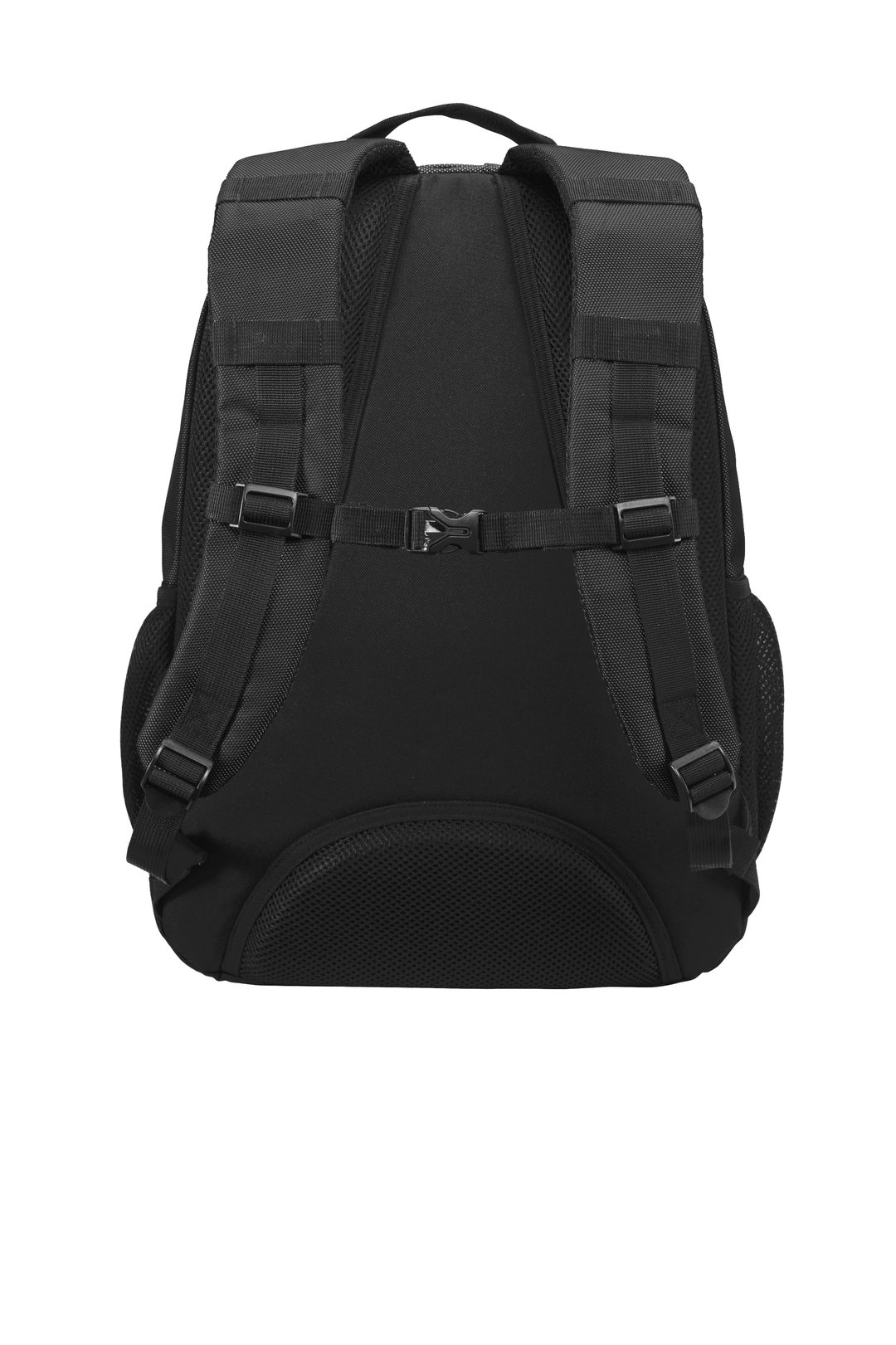 Black Port Authority backpack with padded shoulder straps, multiple compartments, and mesh side pockets, shown from the back view.