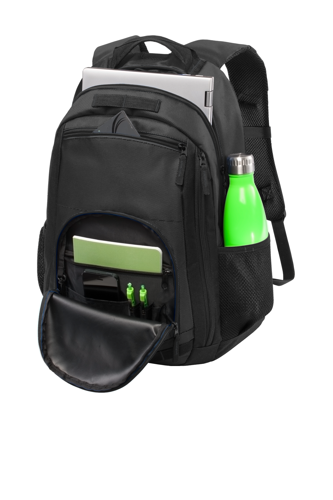 Black backpack with multiple compartments, mesh side pocket holding green bottle, and open front panel displaying laptop sleeve and organizational pockets.