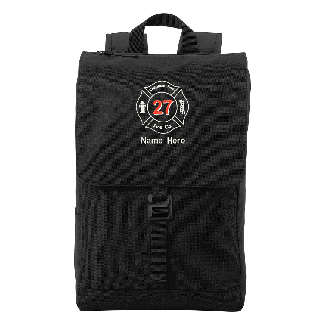 Port Authority Access Rucksack in Black embroidered with a fire department Maltese cross and name