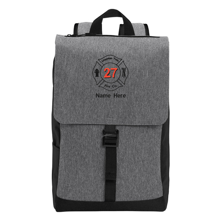 Port Authority Access Rucksack in Heather Grey/Black embroidered with a fire department Maltese cross and name