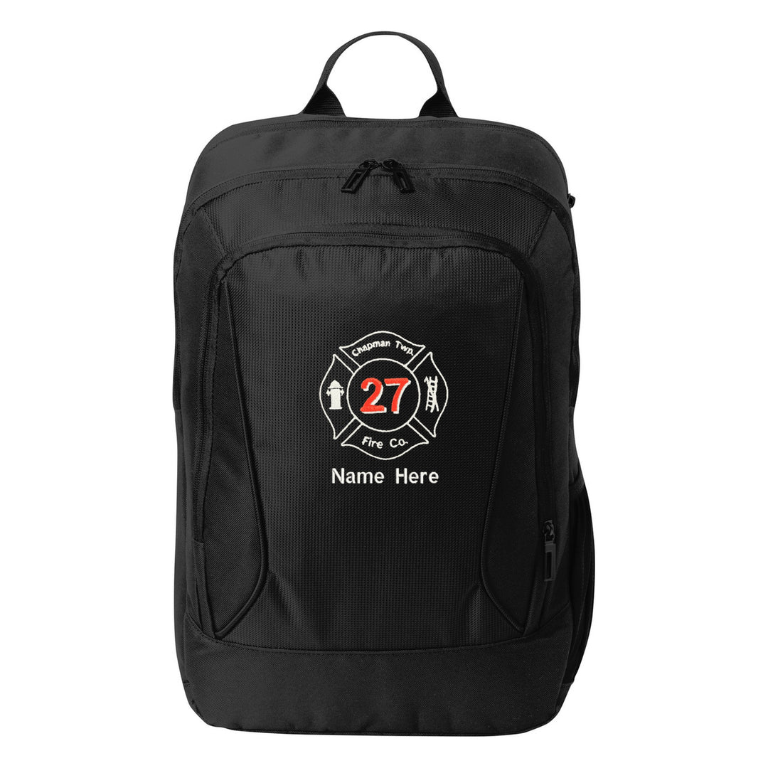 Port Authority City Backpack in Black embroidered with a fire department Maltese cross and name