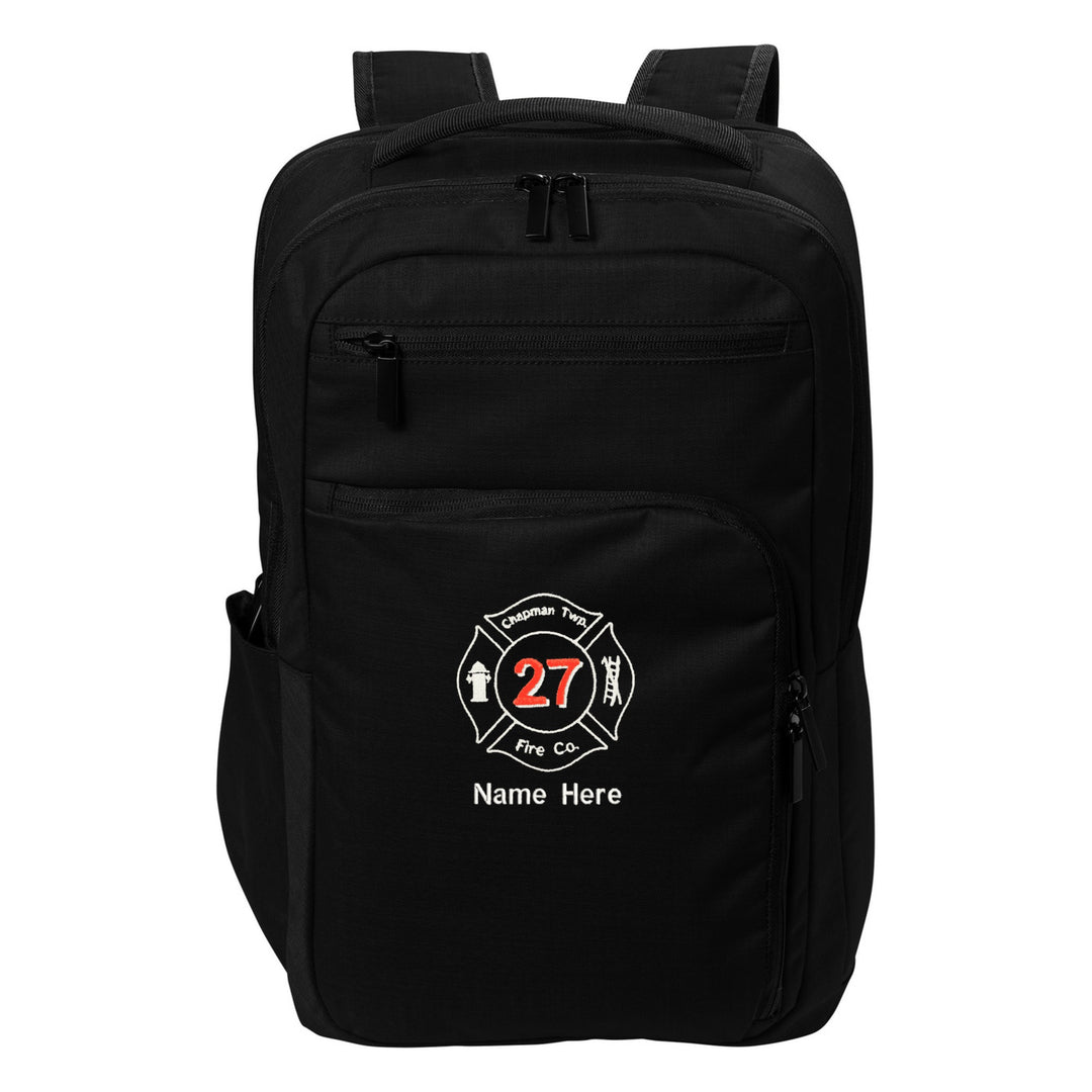 Port Authority Impact Tech Backpack in Deep Black embroidered with a fire department Maltese cross and name