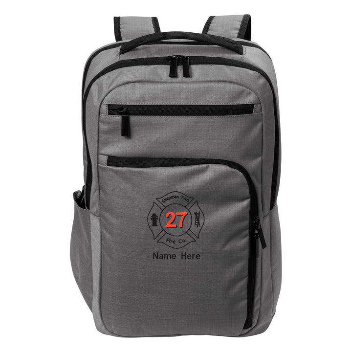 Port Authority Impact Tech Backpack in Gusty Grey Heather embroidered with a fire department Maltese cross and name