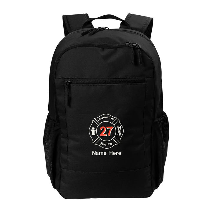 Port Authority Daily Commute Backpack in Black embroidered with a fire department Maltese cross and name