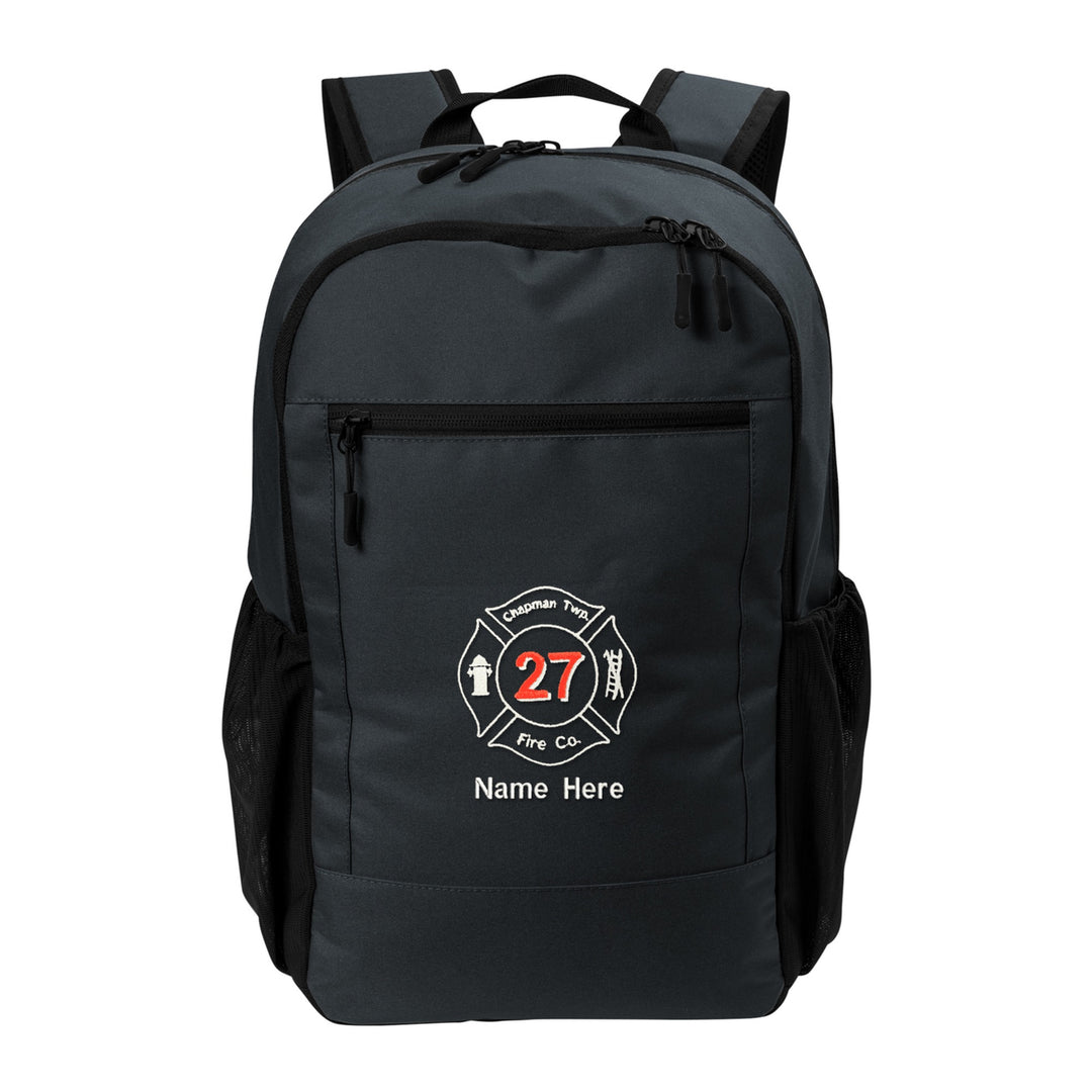 Port Authority Daily Commute Backpack in Grey Smoke embroidered with a fire department Maltese cross and name