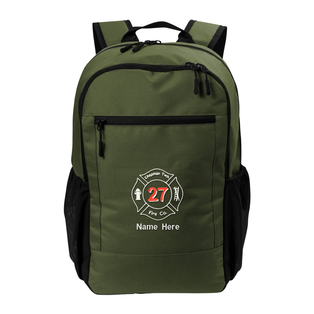 Port Authority Daily Commute Backpack in Olive Green embroidered with a fire department Maltese cross and name