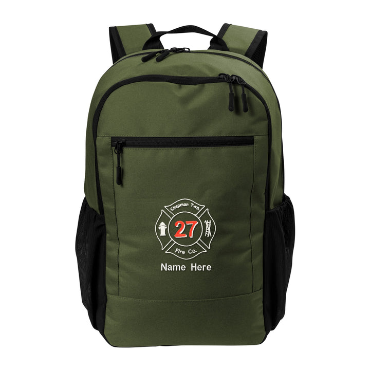 Port Authority Daily Commute Backpack in Olive Green embroidered with a fire department Maltese cross and name