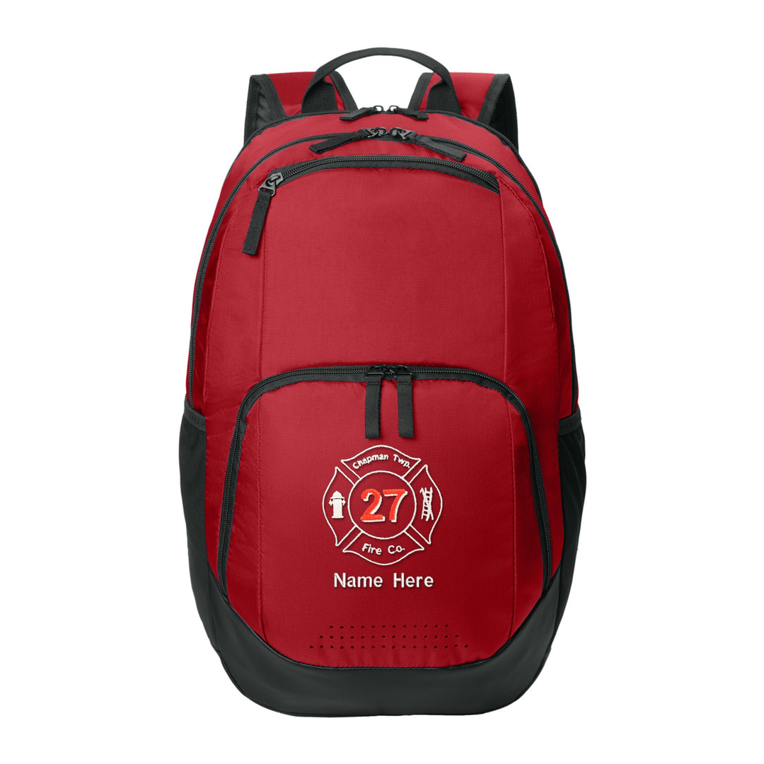 Sport-Tek Rec Backpack in Deep Red embroidered with a fire department Maltese cross and name