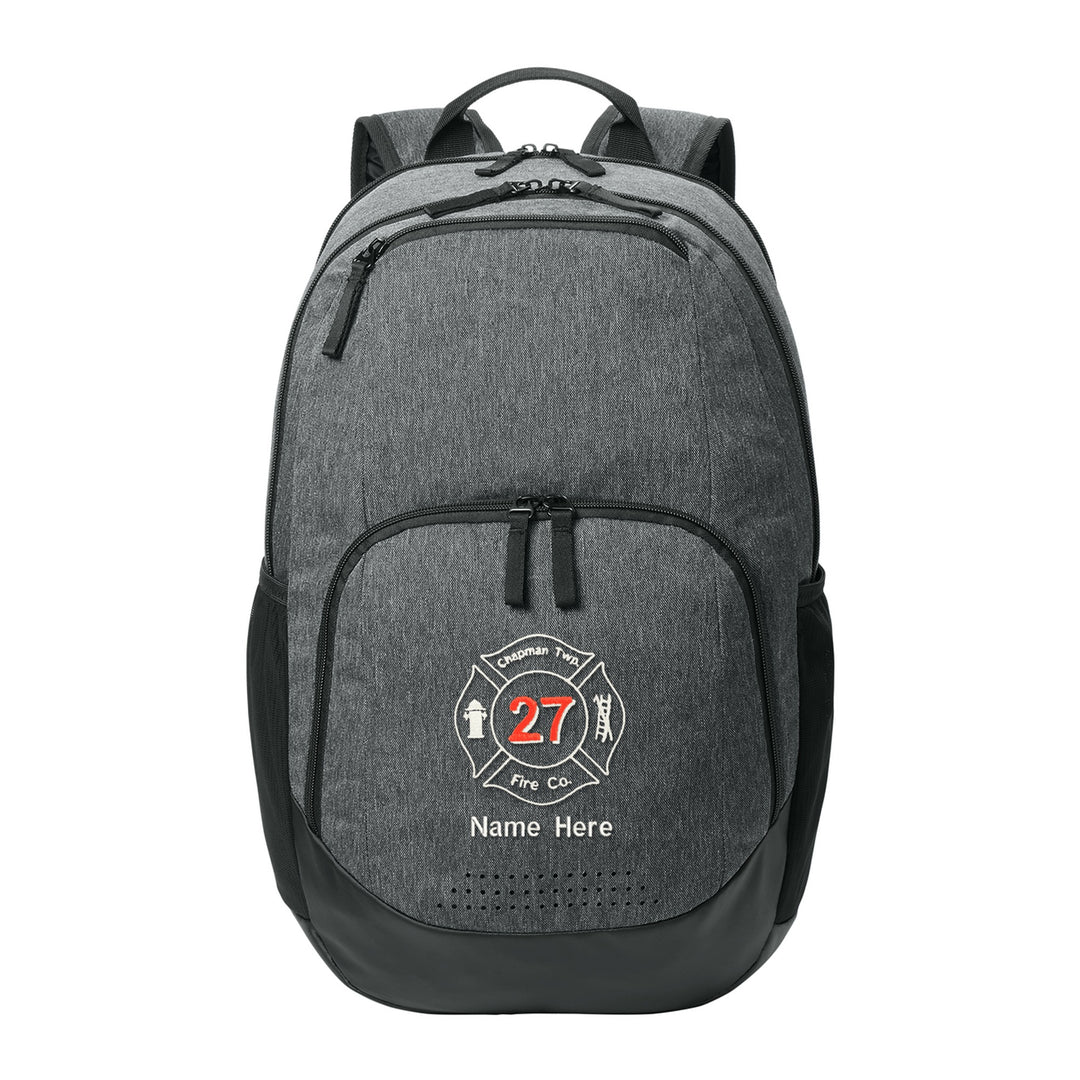 Sport-Tek Rec Backpack in Heather Grey embroidered with a fire department Maltese cross and name