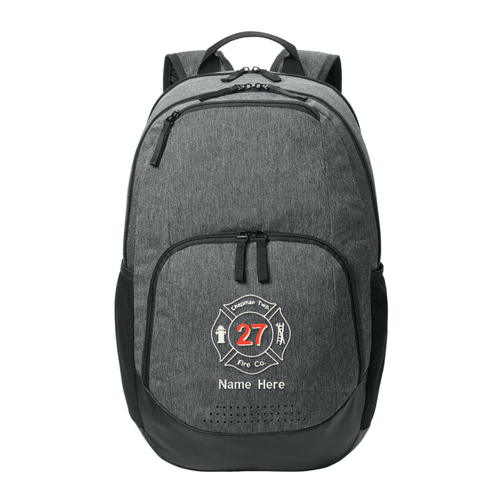 Sport-Tek Rec Backpack in Heather Grey embroidered with a fire department Maltese cross and name