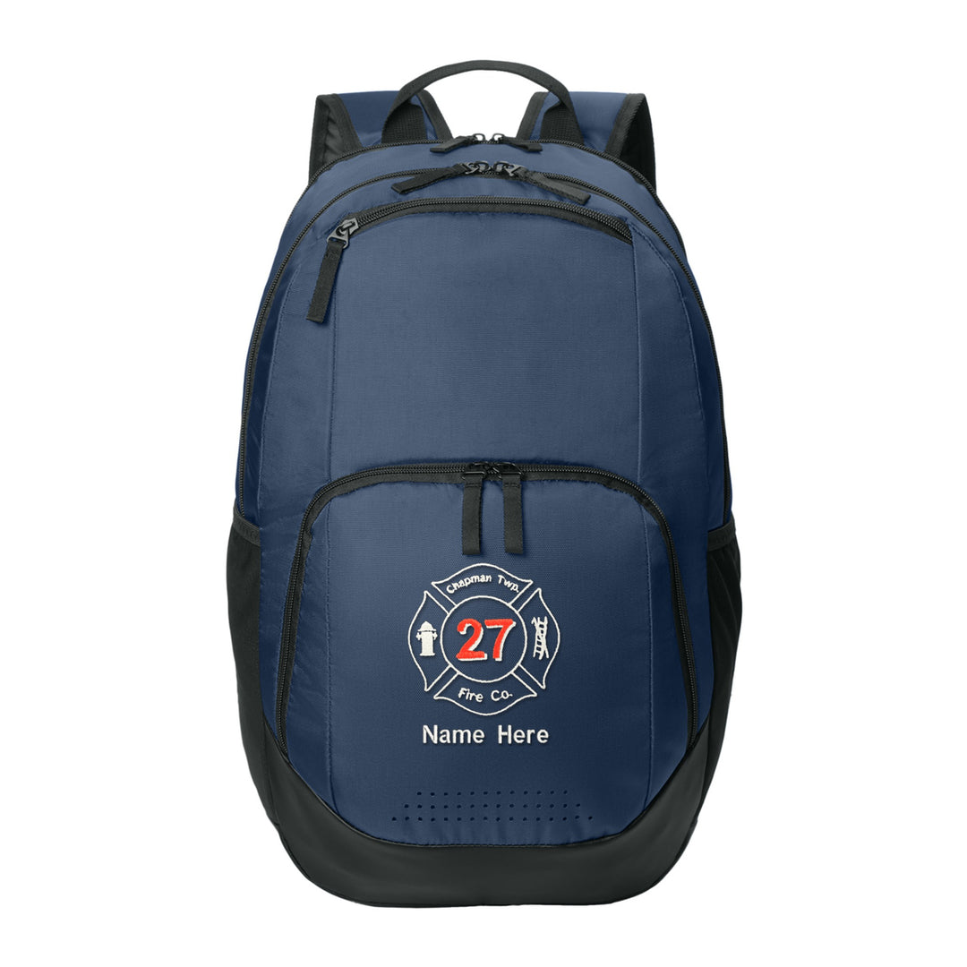 Sport-Tek Rec Backpack in True Navy embroidered with a fire department Maltese cross and name