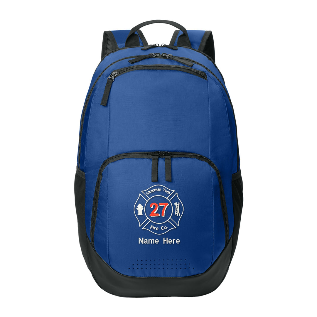 Sport-Tek Rec Backpack in True Royal embroidered with a fire department Maltese cross and name