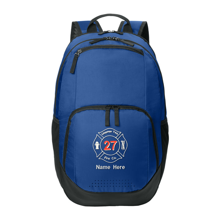 Sport-Tek Rec Backpack in True Royal embroidered with a fire department Maltese cross and name