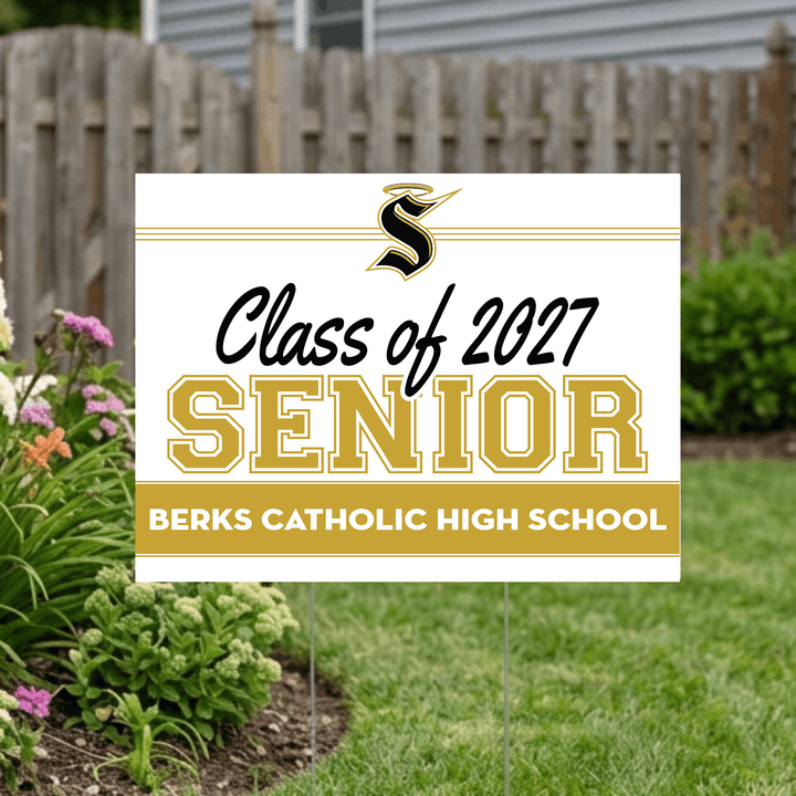 Class of 2027 Berks Catholic personalized senior yard sign with student photo, name, and school colors