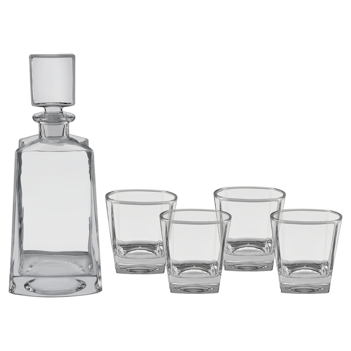 Clear glass tequila decanter set with stopper and four matching rocks glasses arranged on white background.
