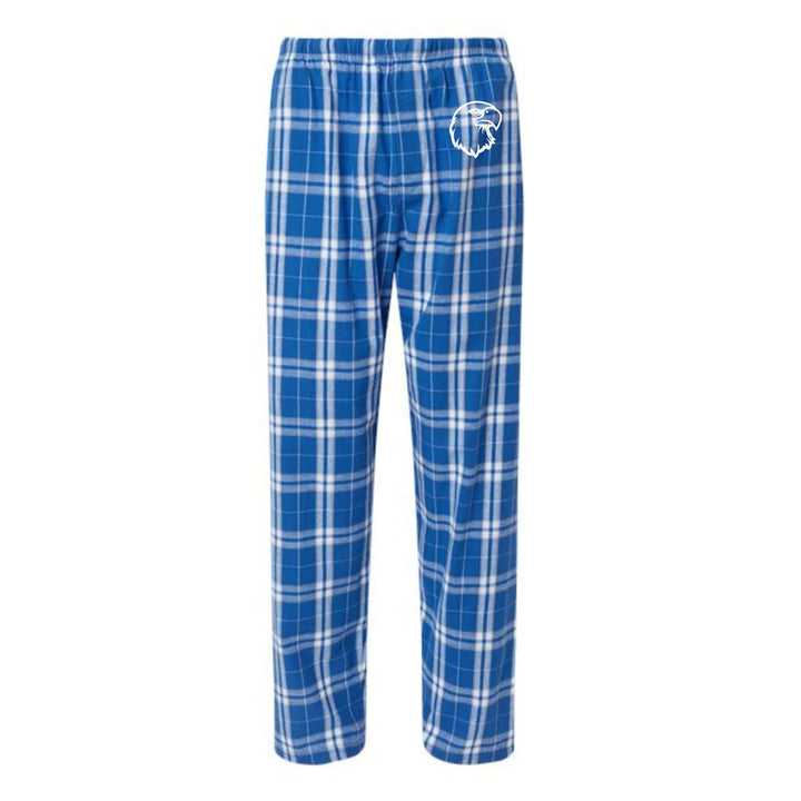 Blue and white plaid flannel pants with embroidered Eagle Head logo on front