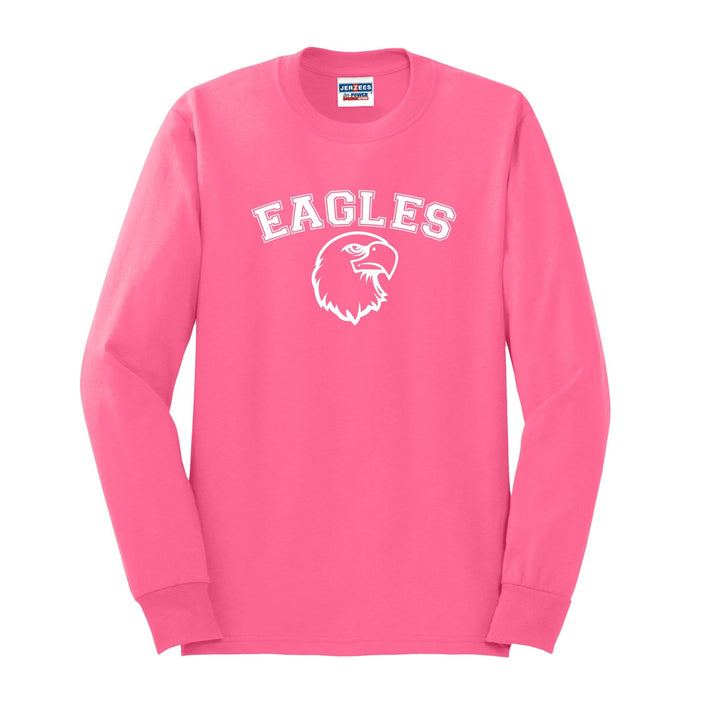 Bright pink long sleeve t-shirt with white "EAGLES" text and eagle head logo on chest