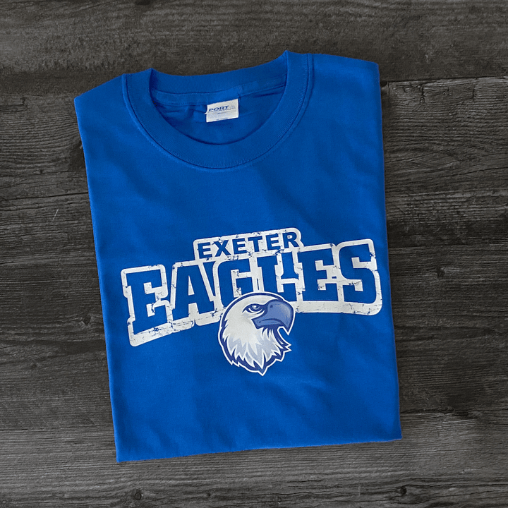 Royal blue t-shirt with white "Exeter Eagles" text and eagle head logo design.
