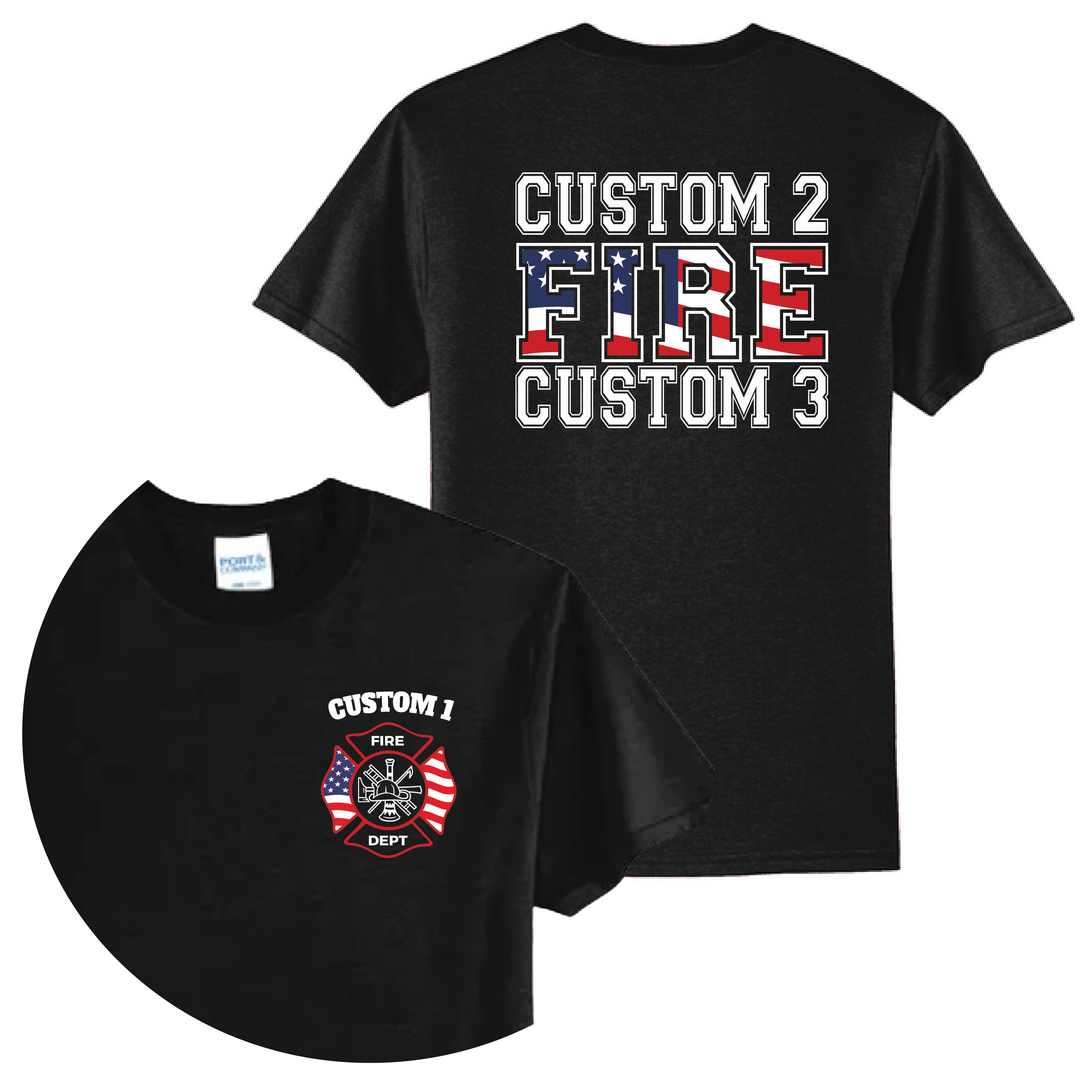 Personalized American Flag Firefighter T-Shirt — Maltese Cross &amp; Bold Back Print