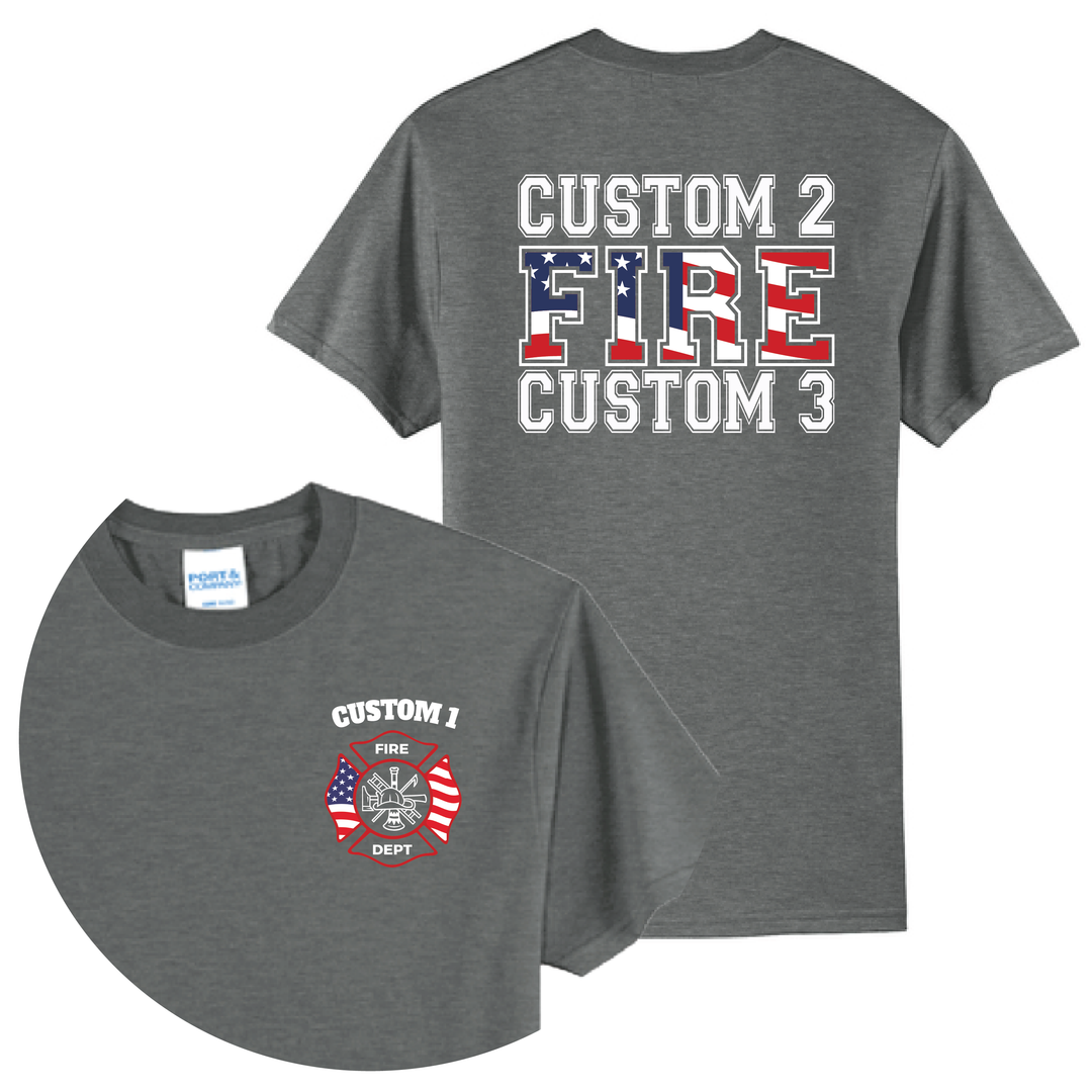 Personalized American Flag Firefighter T-Shirt — Maltese Cross &amp; Bold Back Print