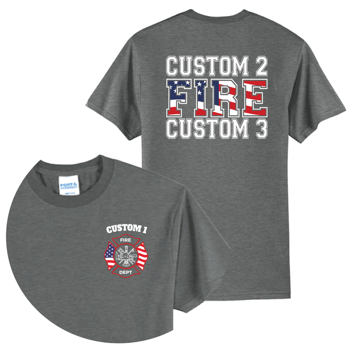 Personalized American Flag Firefighter T-Shirt — Maltese Cross &amp; Bold Back Print