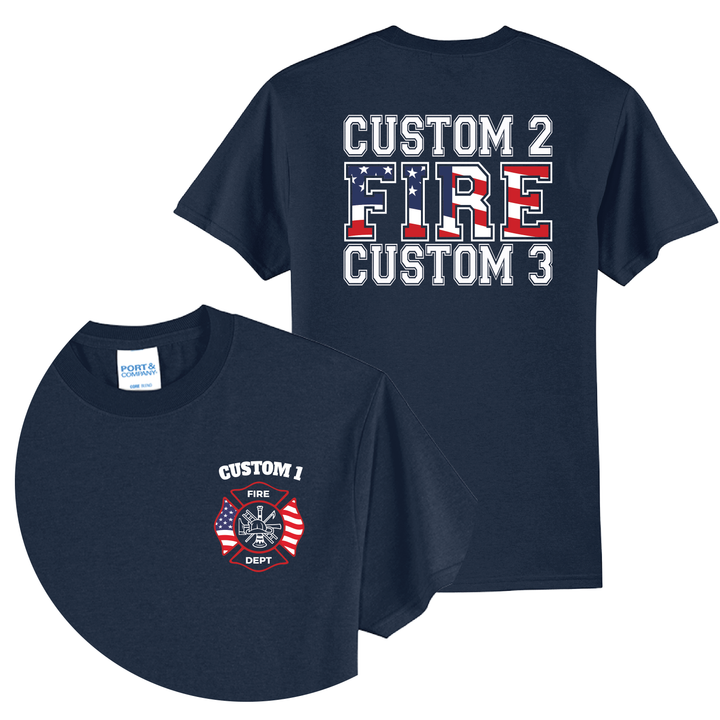 Personalized American Flag Firefighter T-Shirt — Maltese Cross &amp; Bold Back Print