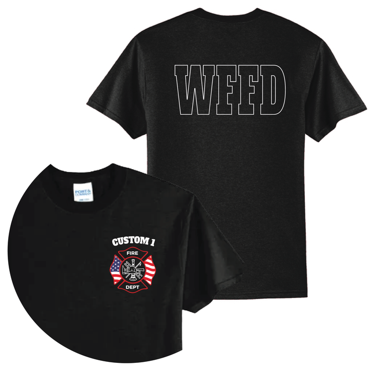 Personalized American Flag Firefighter T-Shirt — Maltese Cross &amp; Varsity Letters