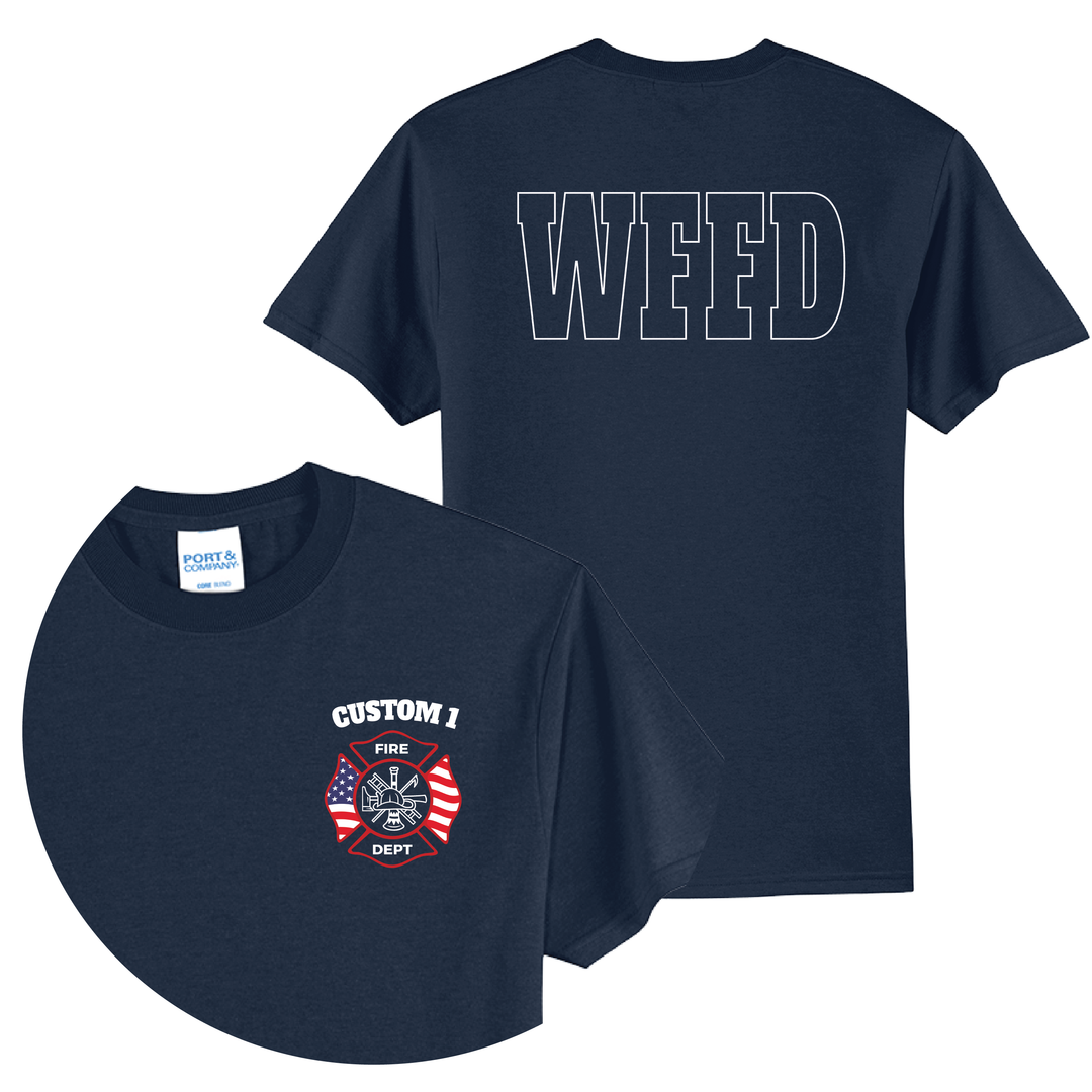Personalized American Flag Firefighter T-Shirt — Maltese Cross &amp; Varsity Letters
