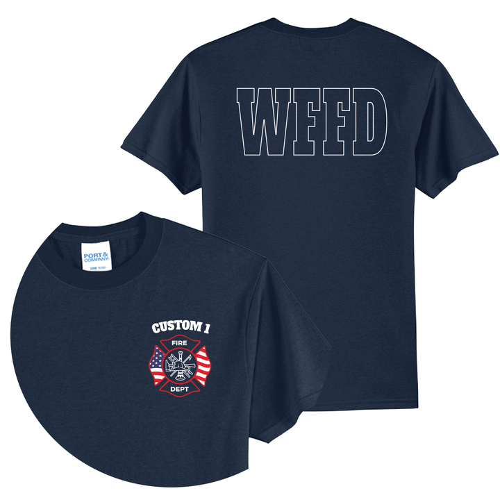 Personalized American Flag Firefighter T-Shirt — Maltese Cross &amp; Varsity Letters