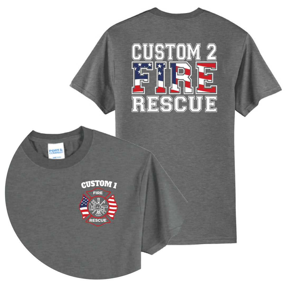 Personalized Fire Rescue Firefighter T-Shirt — American Flag Maltese Cross