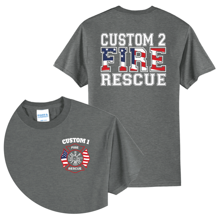 Personalized Fire Rescue Firefighter T-Shirt — American Flag Maltese Cross