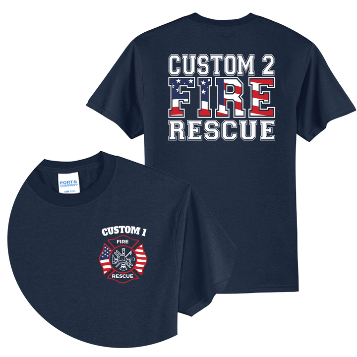 Personalized Fire Rescue Firefighter T-Shirt — American Flag Maltese Cross