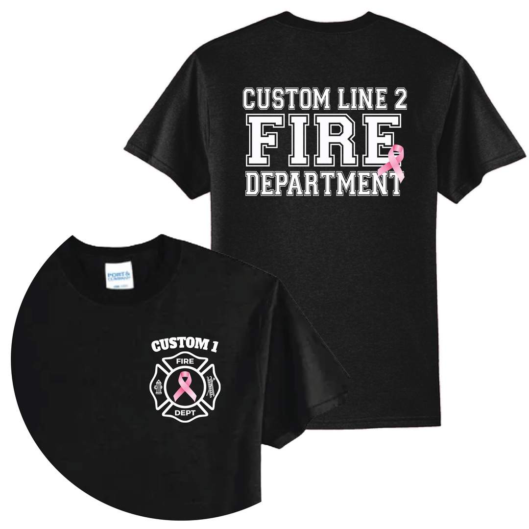 Personalized Firefighter Breast Cancer Awareness T-Shirt — Pink Ribbon Maltese Cross