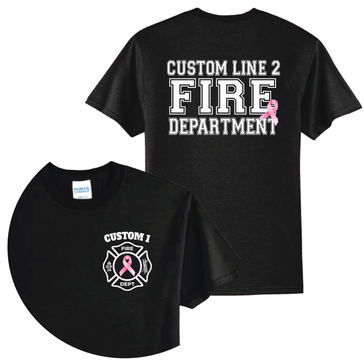 Personalized Firefighter Breast Cancer Awareness T-Shirt — Pink Ribbon Maltese Cross