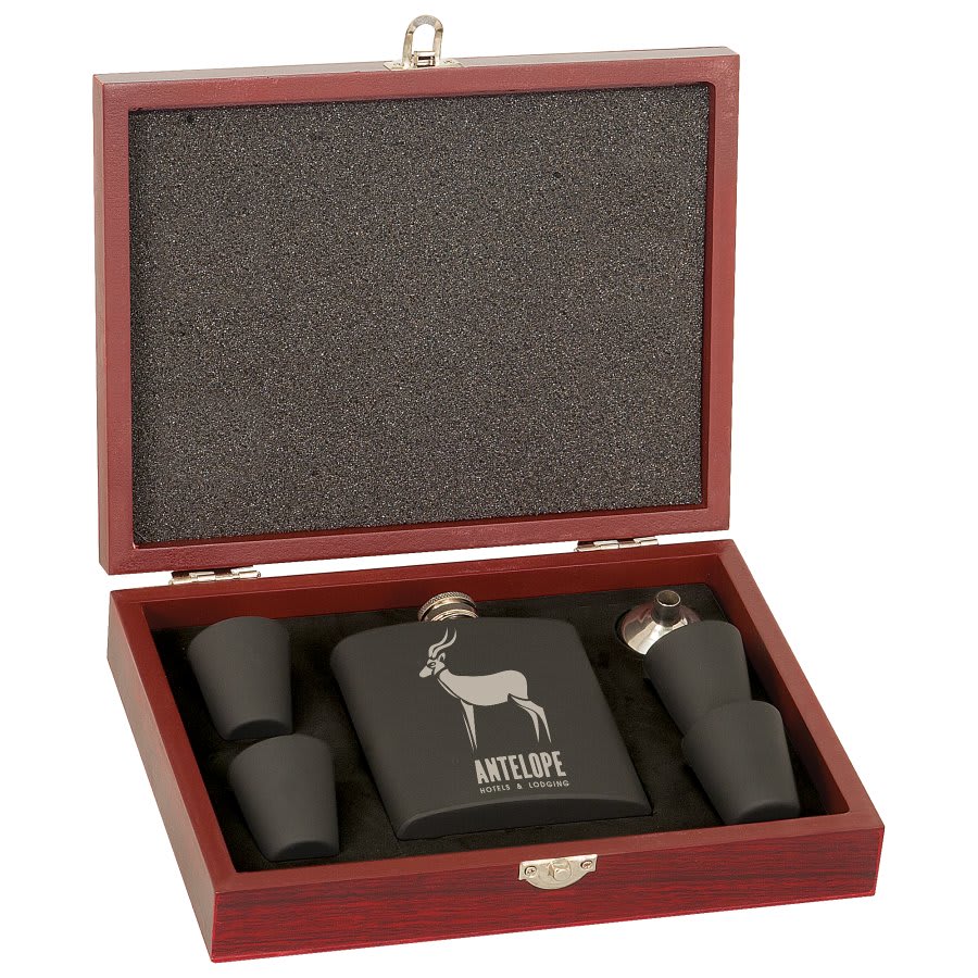 Engraved Flask Set in Wood Presentation Box