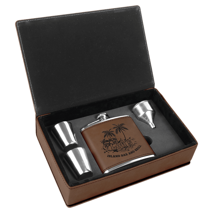 Engraved Leatherette Flask Gift Set with Logo in Dark Brown