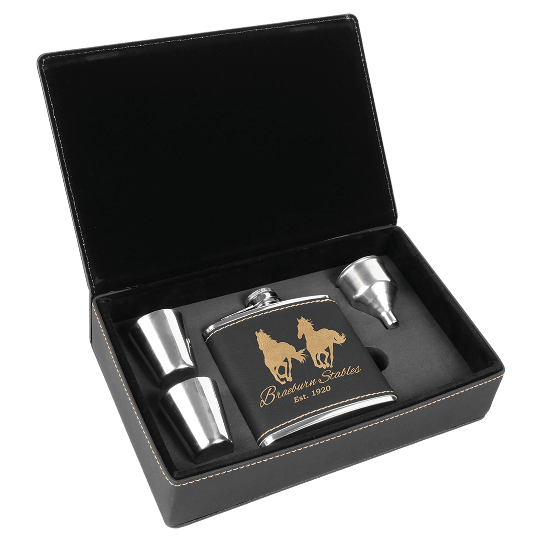 Engraved Leatherette Flask Gift Set with Logo in Black/Gold