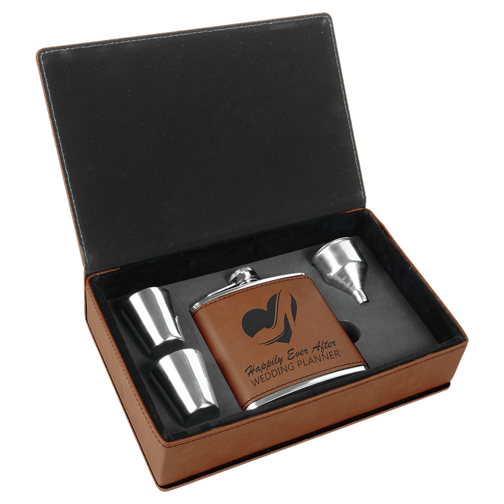 Engraved Leatherette Flask Gift Set with Logo in Rawhide