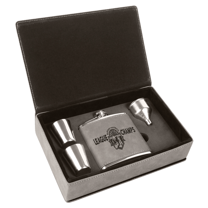 Engraved Leatherette Flask Gift Set with Logo in Gray