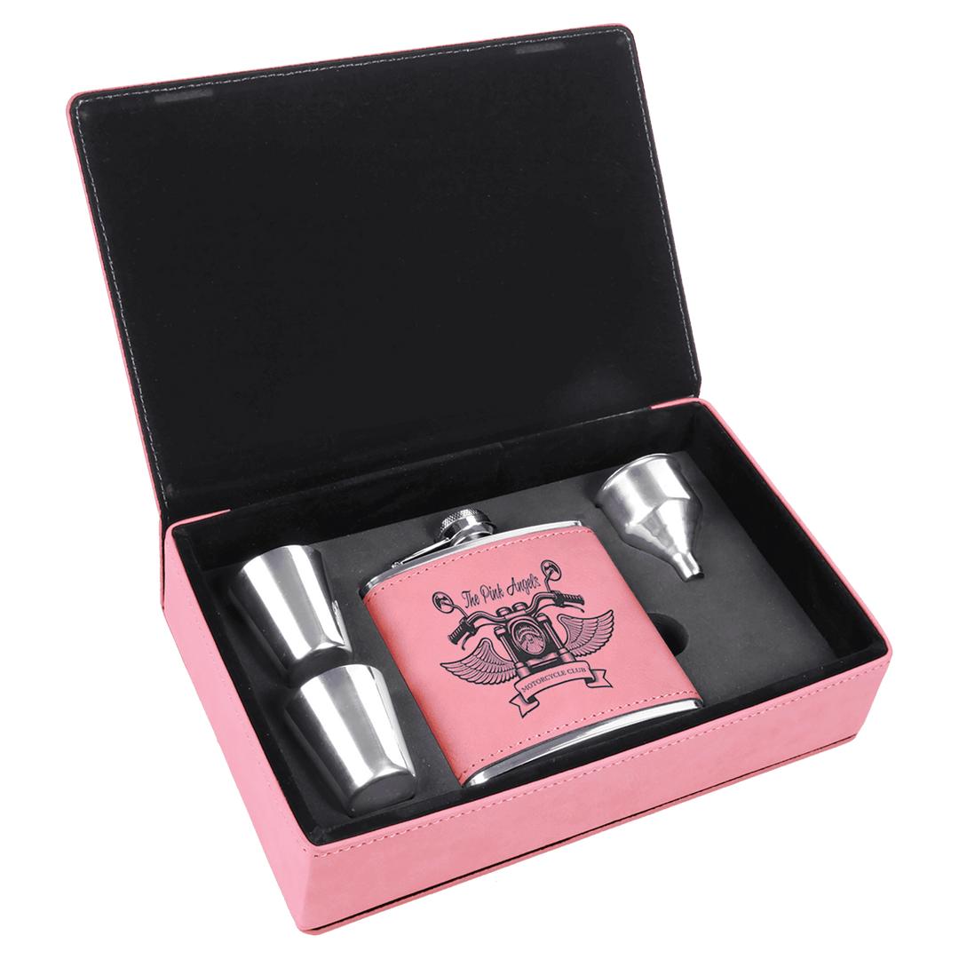 Engraved Leatherette Flask Gift Set with Logo in Pink