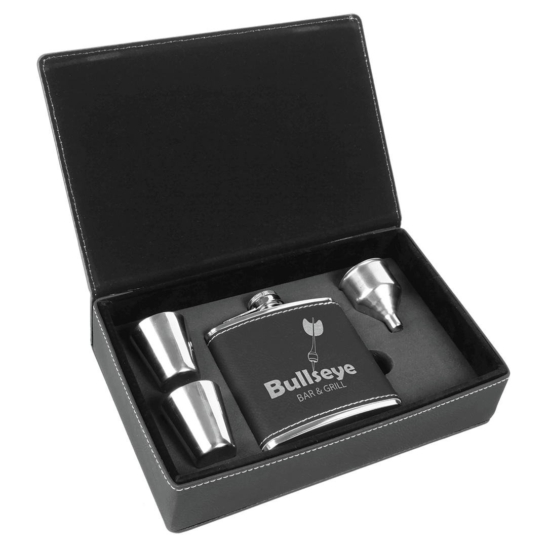 Engraved Leatherette Flask Gift Set with Logo in Black/Silver