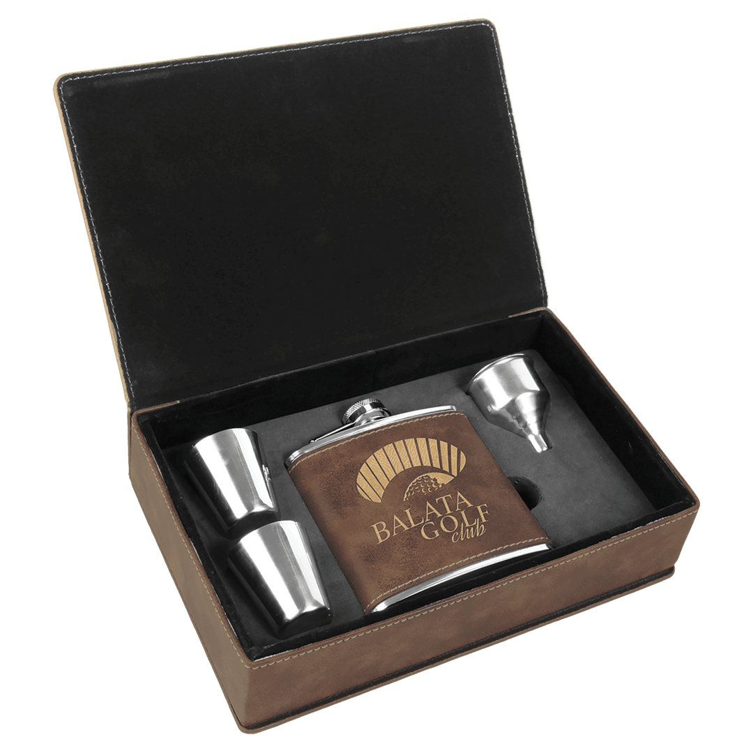 Engraved Leatherette Flask Gift Set with Logo in Rustic/Gold
