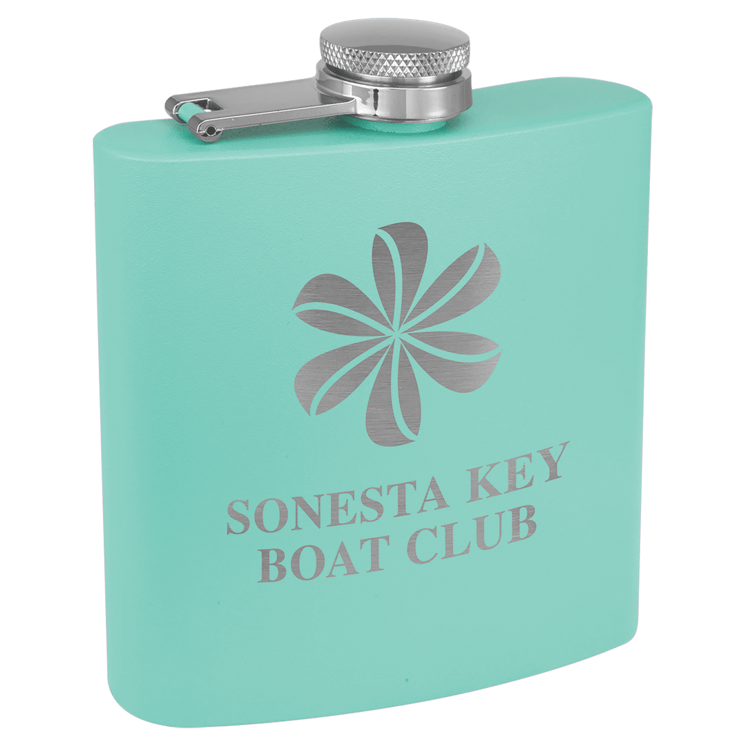 Engraved Powder Coated Flask with Logo in Teal