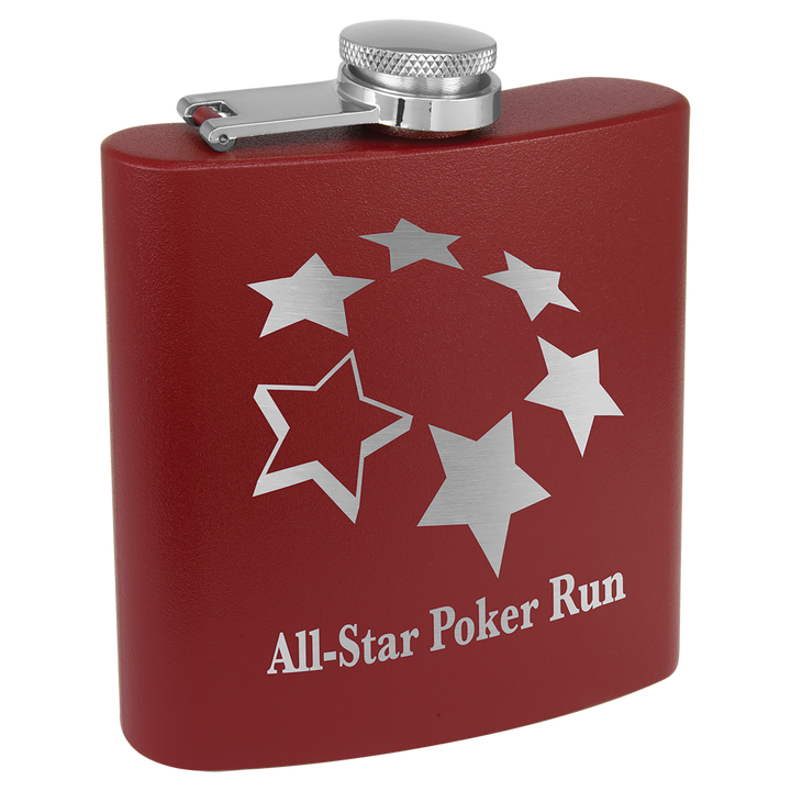 Red powder coated flask with silver star design and "All-Star Poker Run" text engraved on front