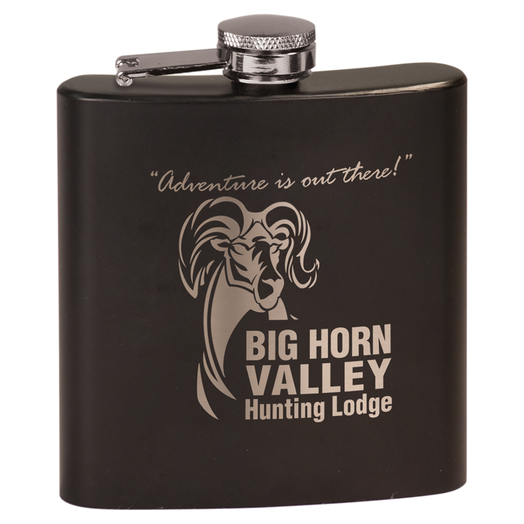 Black powder coated 6oz flask with Big Horn Valley Hunting Lodge logo and "Adventure is out there" engraved text