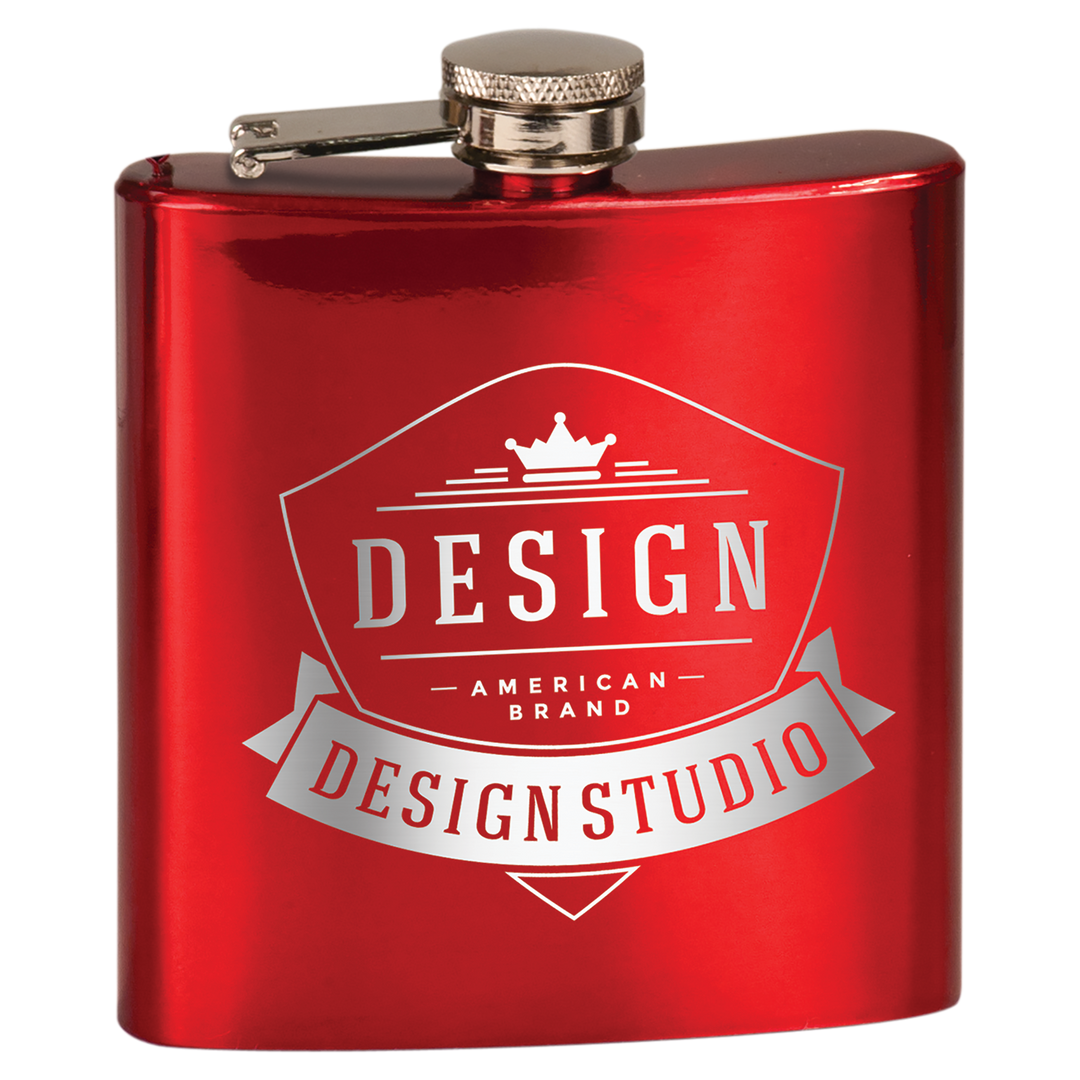 Red powder coated flask with silver engraved Design Studio American Brand logo and banner.