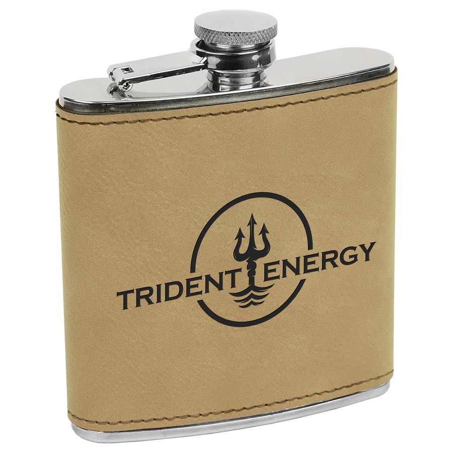 Engraved Leatherette Flask with Logo in Light Brown