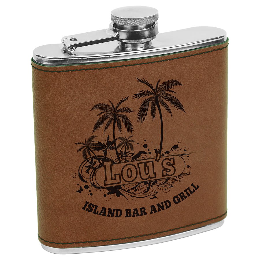 Engraved Leatherette Flask with Logo in Dark Brown